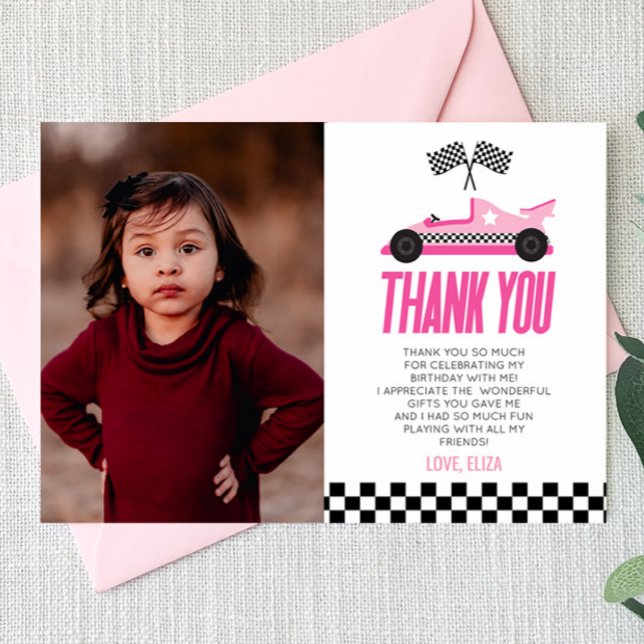Pink Racecar Race Car Custom Photo Birthday Party Thank You Card (Creator Uploaded)