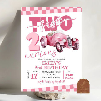 Pink Racing Car Two Fast Two Curious 2nd Birthday Invitation