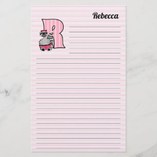Pink Racoon Mongram Letter R with Name Lined Stationery