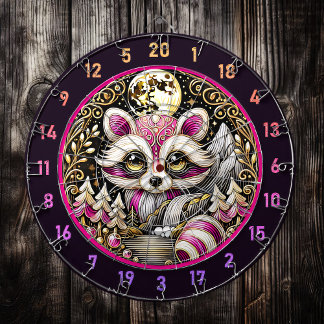Pink Racoon Stands Amidst Golden Serenity Dartboard