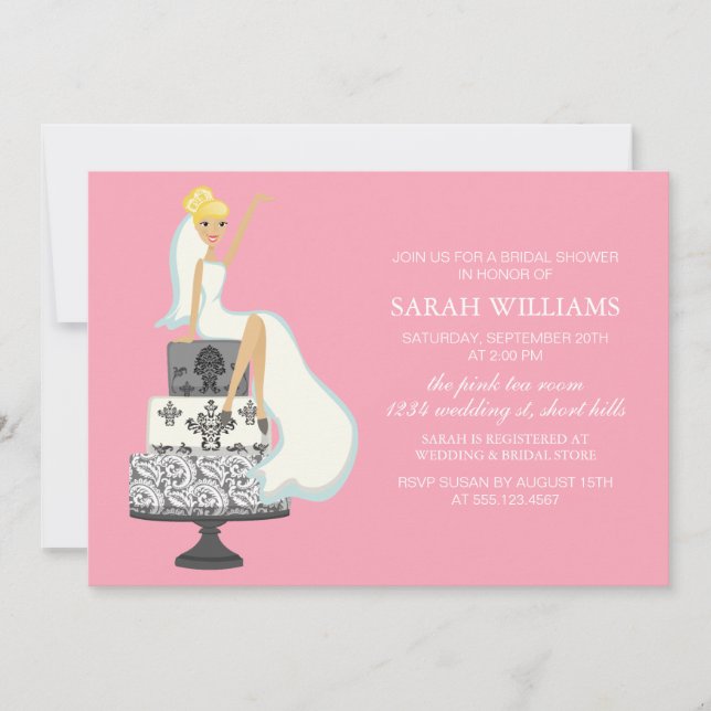Pink Radiant Bride on Wedding Cake Invitation (Front)