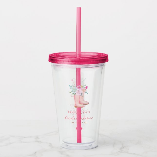 Pink Rain Boots & Flowers Bridal Shower Acrylic Tumbler (Front)