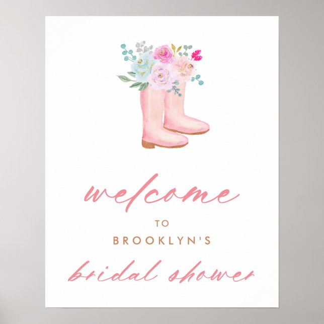 Pink Rain Boots & Flowers Bridal Shower Welcome Poster (Front)