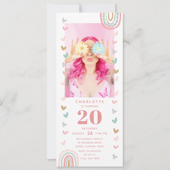 Pink Rainbow 20th Modern Photo Birthday Party Invitation (Front)