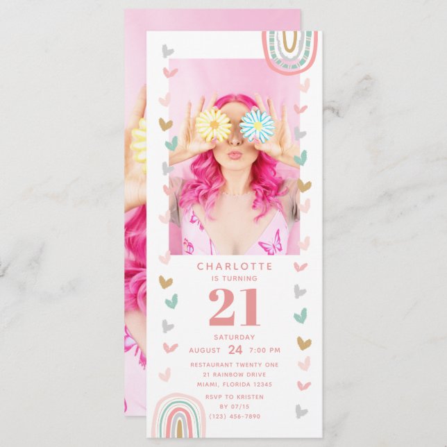 Pink Rainbow 21st Modern Photo Birthday Party Invitation (Front/Back)