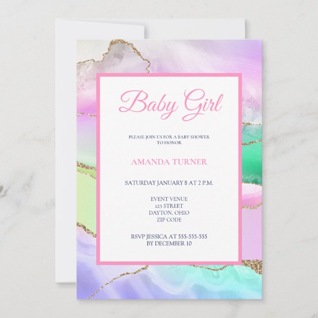Pink Rainbow Agate Girl Baby Shower Invitation (Front)