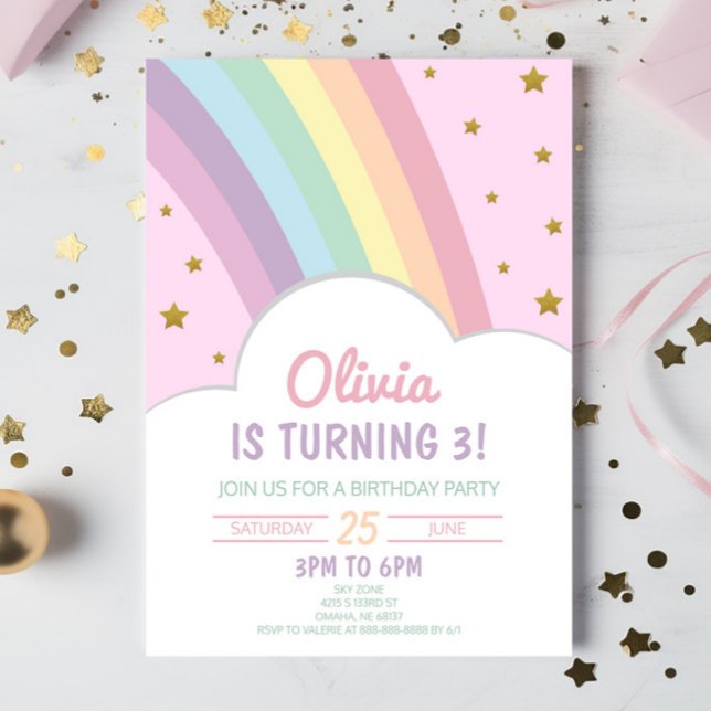 Pink Rainbow and Stars Kid's Birthday Party Invitation (Creator Uploaded)
