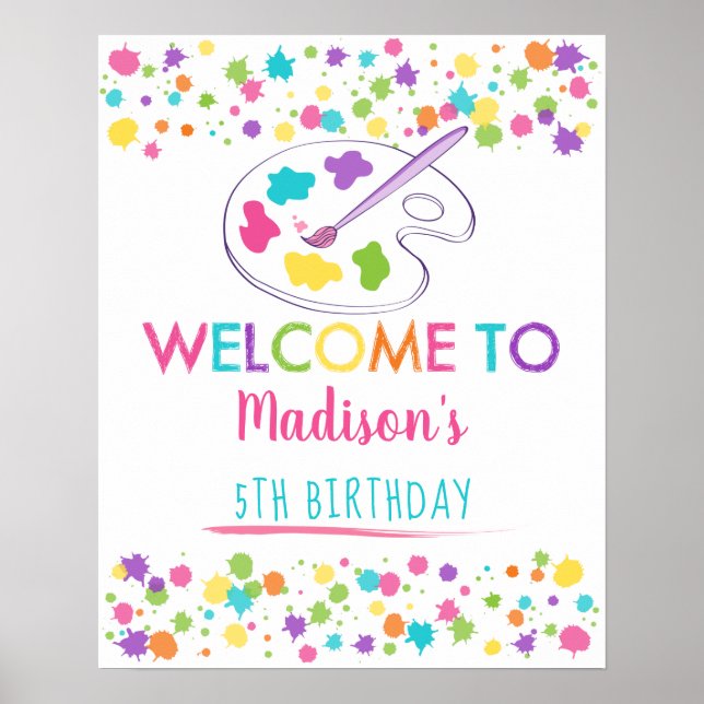 Pink Rainbow Art Party Birthday Welcome Poster (Front)