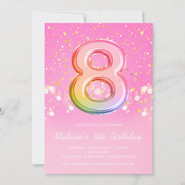 Pink Rainbow Balloon Letter Number Eighth Birthday Invitation (Front)