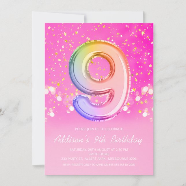 Pink Rainbow Balloon Letter Number Nine Birthday Invitation (Front)