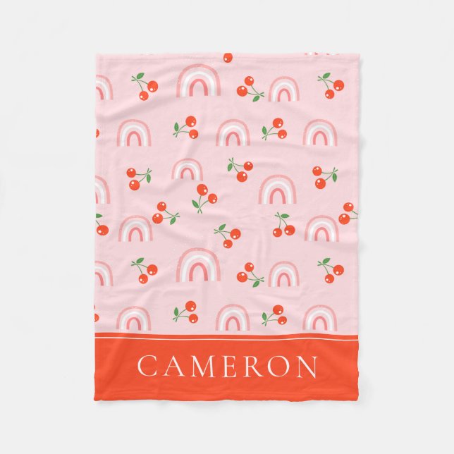 Pink Rainbow Cherry Pattern Fleece Blanket (Front)