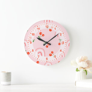 Pink Rainbow Cherry Pattern Large Clock