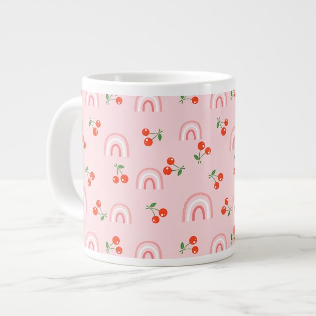 Pink Rainbow Cherry Pattern Large Coffee Mug (Front Left)