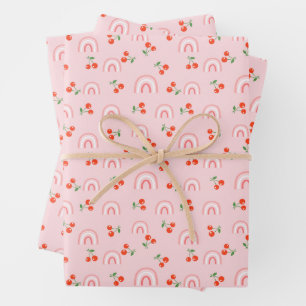 Pink Rainbow Cherry Pattern Wrapping Paper Sheet
