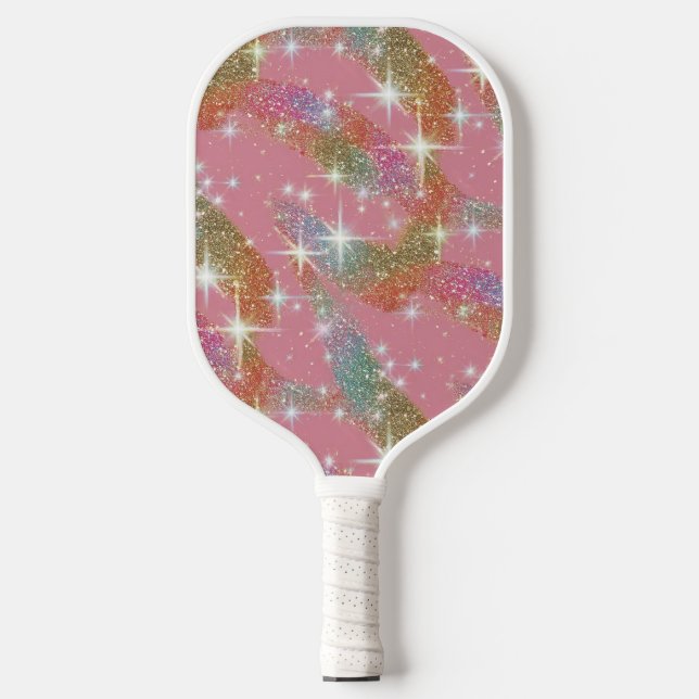 Pink Rainbow Faux Glitter Sparkle Pattern Pickleball Paddle (Front)