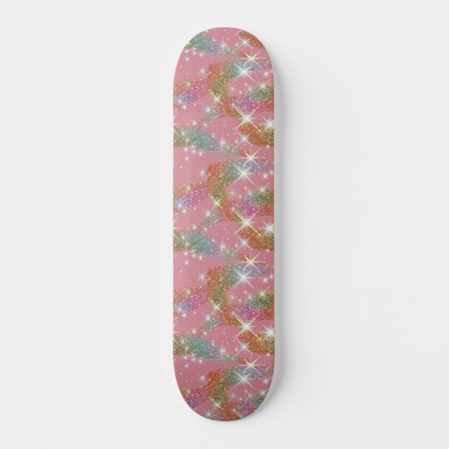 Pink Rainbow Faux Glitter Sparkle Pattern Skateboard (Front)