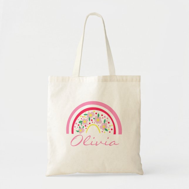 Pink Rainbow Floral Personalised Name Tote Bag (Front)