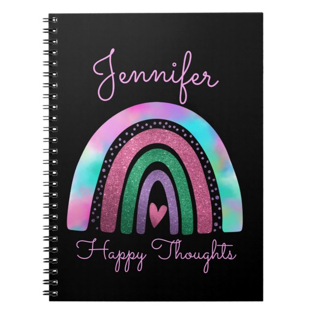 Pink Rainbow Glitter & Heart Girls Personalised Notebook (Front)