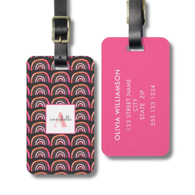 Pink rainbow initial first name luggage tag (Personalized rainbow monogram luggage tag)