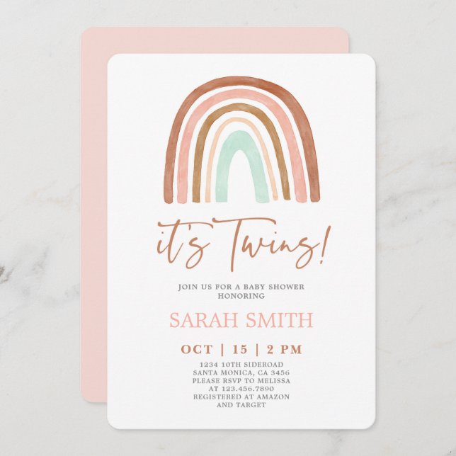 Pink Rainbow it's Twins Baby Shower Girl Invitation (Front/Back)