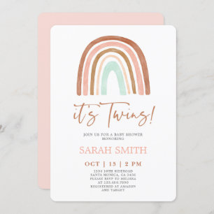 Pink Rainbow it's Twins Baby Shower Girl Invitation