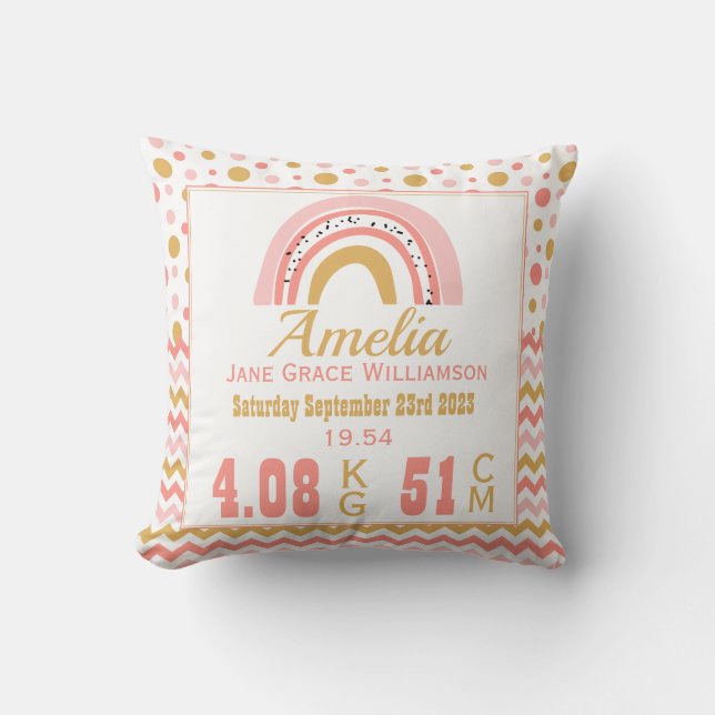 Pink Rainbow Metric Newborn Birth Stats Cushion (Front)
