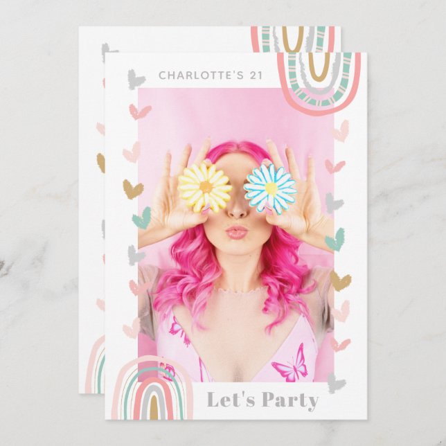 Pink Rainbow Modern Boho 21st Birthday Party Invitation (Front/Back)