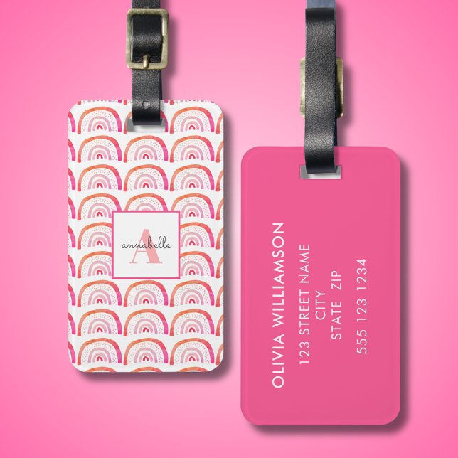 Pink Rainbow Monogram Initial Luggage Tag (Cute rainbow, personalized monogram luggage tag. )