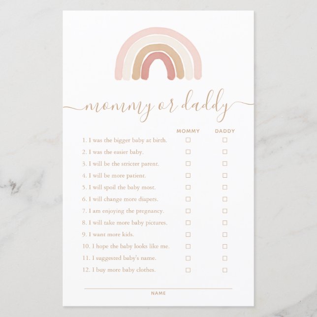 Pink Rainbow Mummy or Daddy Baby Shower Game (Front)