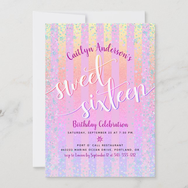 Pink Rainbow Ombre Sweet Sixteen Birthday Script Invitation (Front)