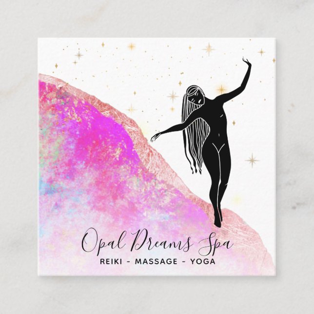 *~* Pink Rainbow Opal Goddess Celestial Mystical Square Business Card (Front)