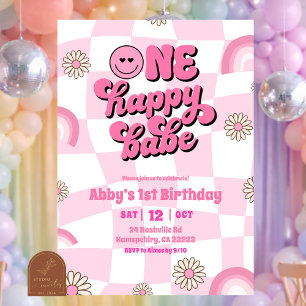 Pink rainbow retro one happy babe birthday invitation