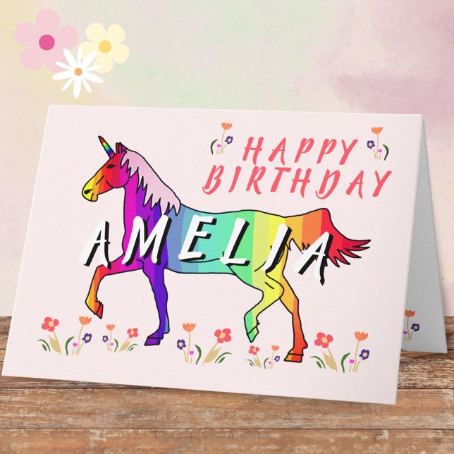 Pink Rainbow Unicorn Flower Girl Happy Birthday Card (Creator Uploaded)