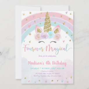 Pink Rainbow Unicorn Fourth Birthday Invitation