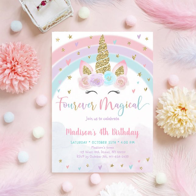 Pink Rainbow Unicorn Fourth Birthday Invitation (Creator Uploaded)