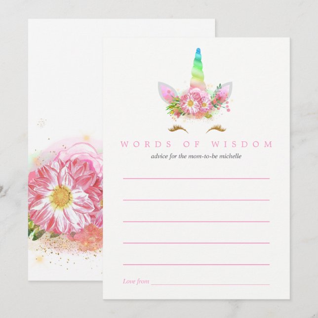 Pink Rainbow Unicorn Girl Baby Shower Mum Advice Invitation (Front/Back)