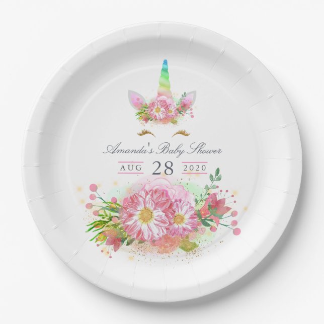 Pink Rainbow Unicorn Girl Baby Shower Paper Plate (Front)