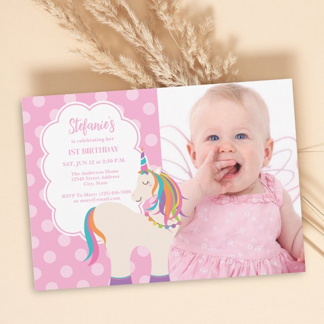 Pink Rainbow Unicorn Girly 1st Birthday Photo Invitation (Creator Uploaded)