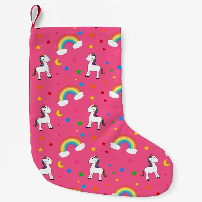 Pink rainbow unicorn hearts stars pattern small christmas stocking (Front)