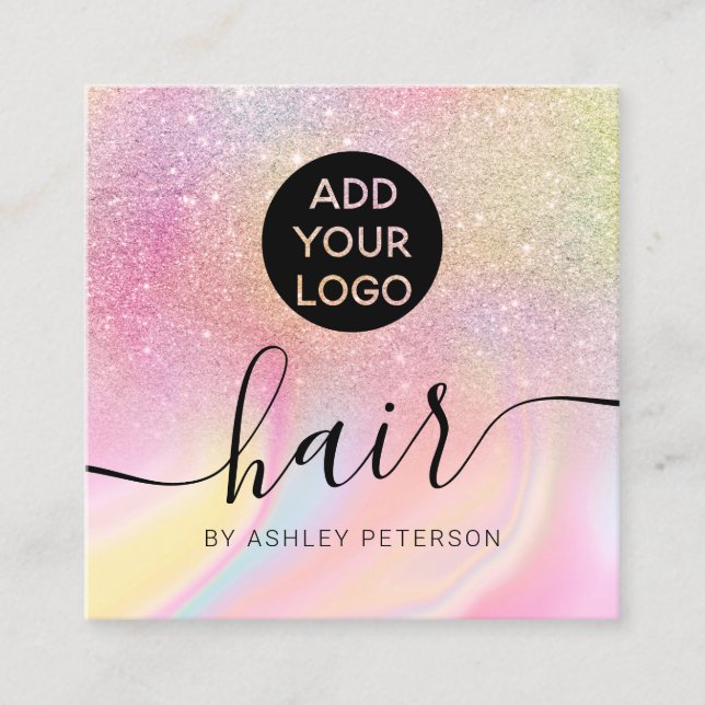 pink rainbow unicorn marble glitter hair logo square business card (Front)
