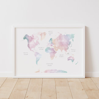 Pink Rainbow World Map Travel Nursery Decor
