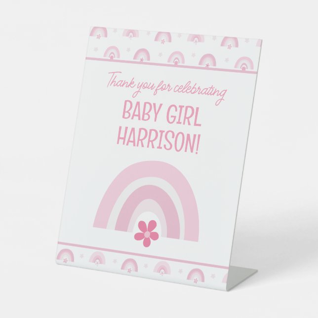 Pink Rainbows and Flowers Baby Shower Pedestal Sign (Front)