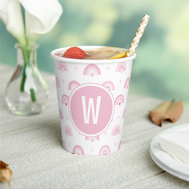 Pink Rainbows and Flowers Monogram Baby Shower Paper Cups (Insitu)