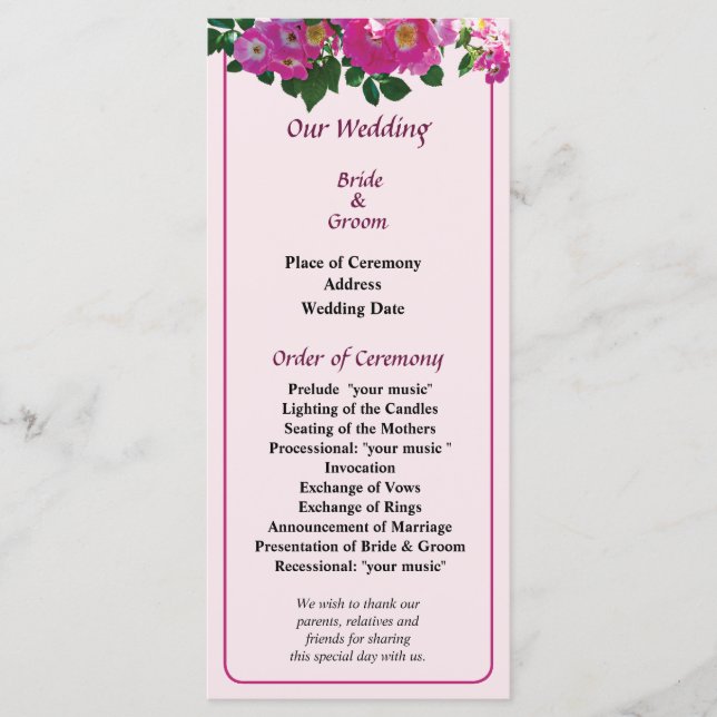 Pink Rambler Rose Wedding Program Programme (Front)