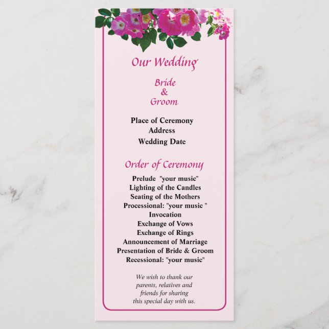 Pink Rambler Rose Wedding Program Programme (Front)