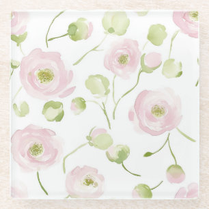 Pink Ranunculus Flowers Glass Coaster
