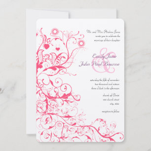 Pink Raspberry Birds Swirls Wedding Invites