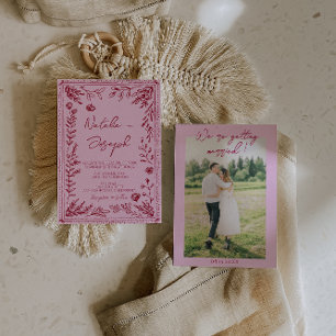 Pink Raspberry Drawn Floral Garden Photo Wedding   Invitation