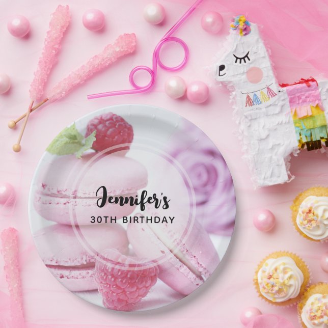 Pink Raspberry Macarons French Pastry Birthday Paper Plate (Party)