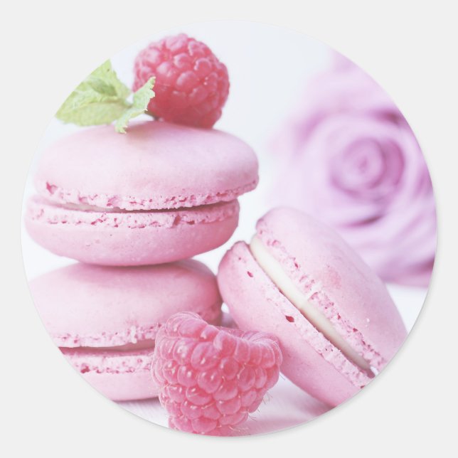 Pink Raspberry Macarons French Pastry Photo Classic Round Sticker (Front)
